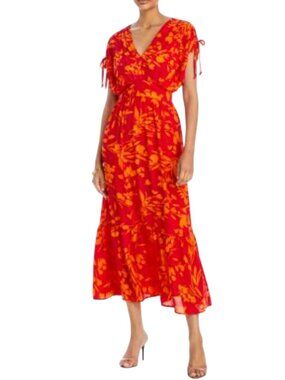 Tahari Ember Floral Maxi Dress Drop Shoulder V Neck Flounce Hem Tropical Size 6
